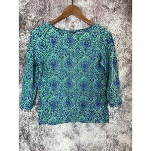 Talbots Petites Bateau Neck Tee Blue Green Pattern Coastal Casual Top Blouse PS